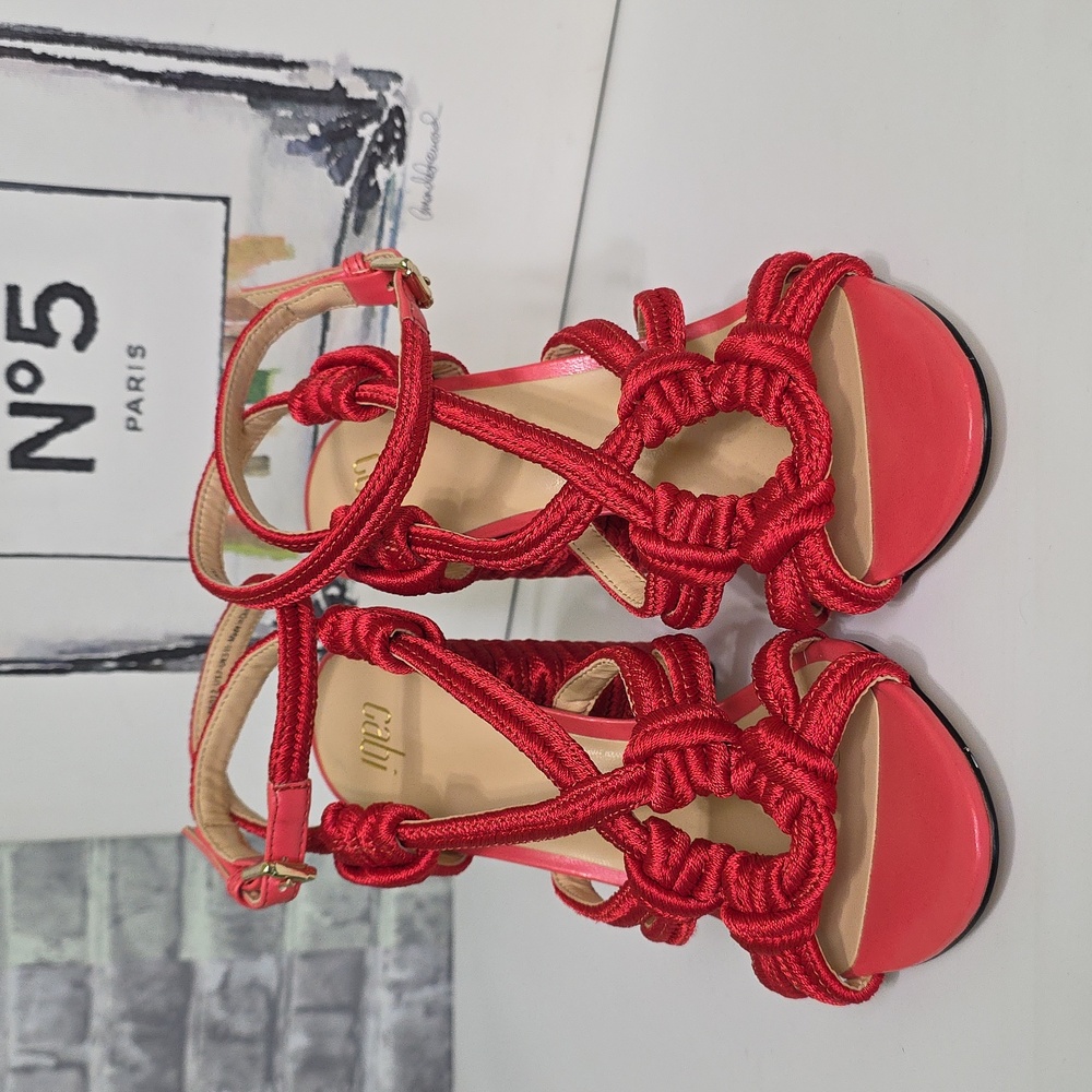 CAbi Tip Toe Red Rope Strappy Block Heel Ankle Strap Sandals Size 7 Style 6012 - Picture 2 of 13